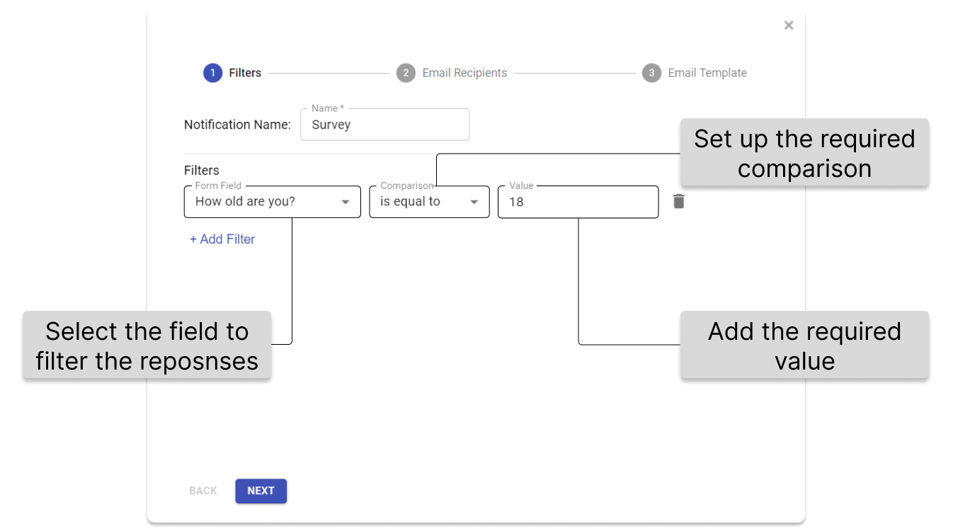 Form Notifier allows you to use multiple filters to stay updated only on the relevant form responses