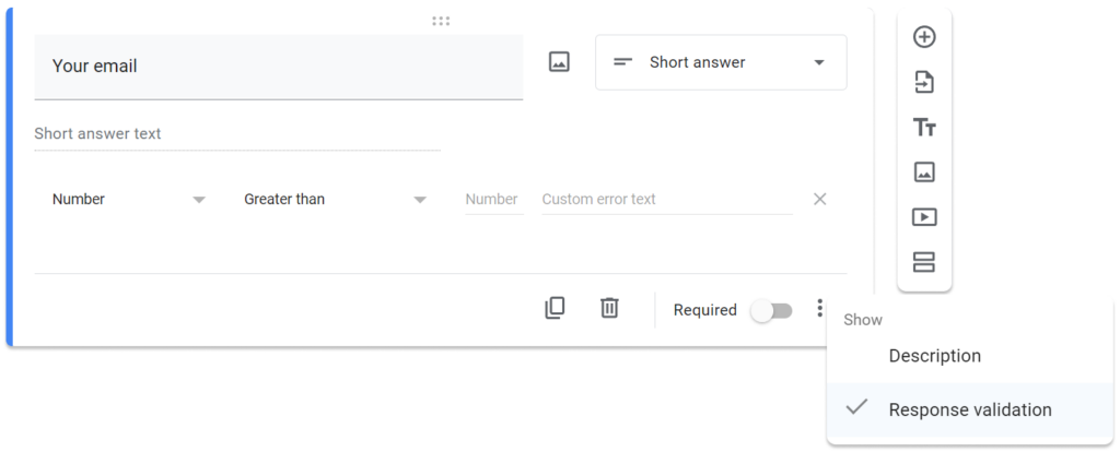 How to enable response validation of short answers fields in Google Forms