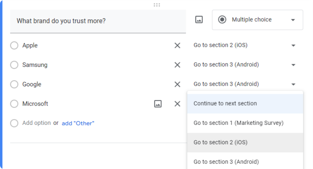 Multiple choice questions in Google Forms