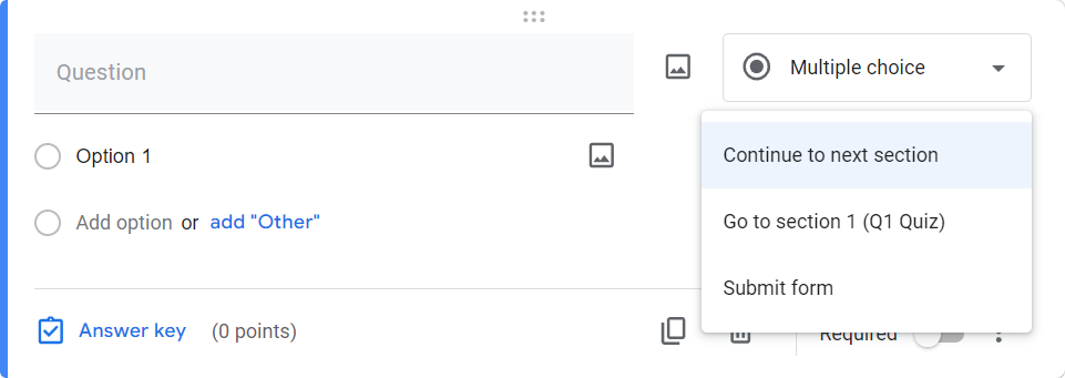 How to go the specific redirect respondents to go to the specific section of the form after answering the question in Google Forms