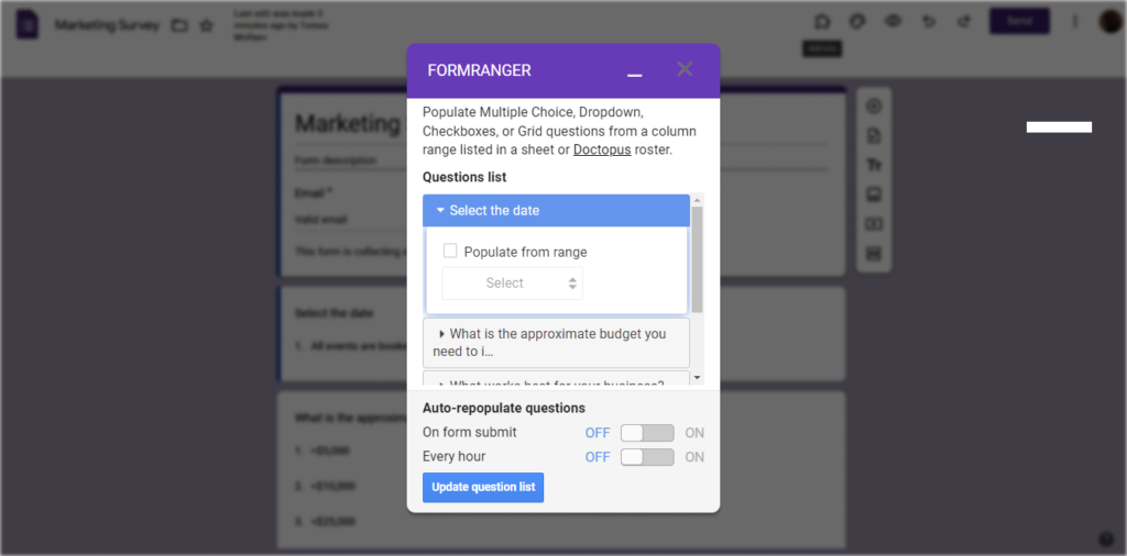 Form Ranger the plugin that allows you to automatically populate your Google Forms using the information from Google Sheets
